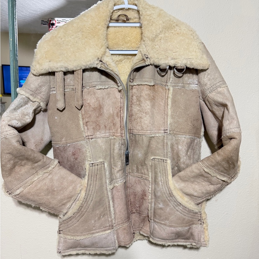 Vtg 70s unique Leather Sherling patchwork Marlboro Man style coat 40R Men's L